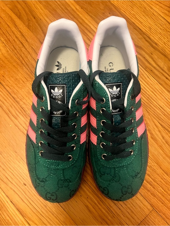 Gucci Shoes - Gucci Green Sneakers with Pink Stripes